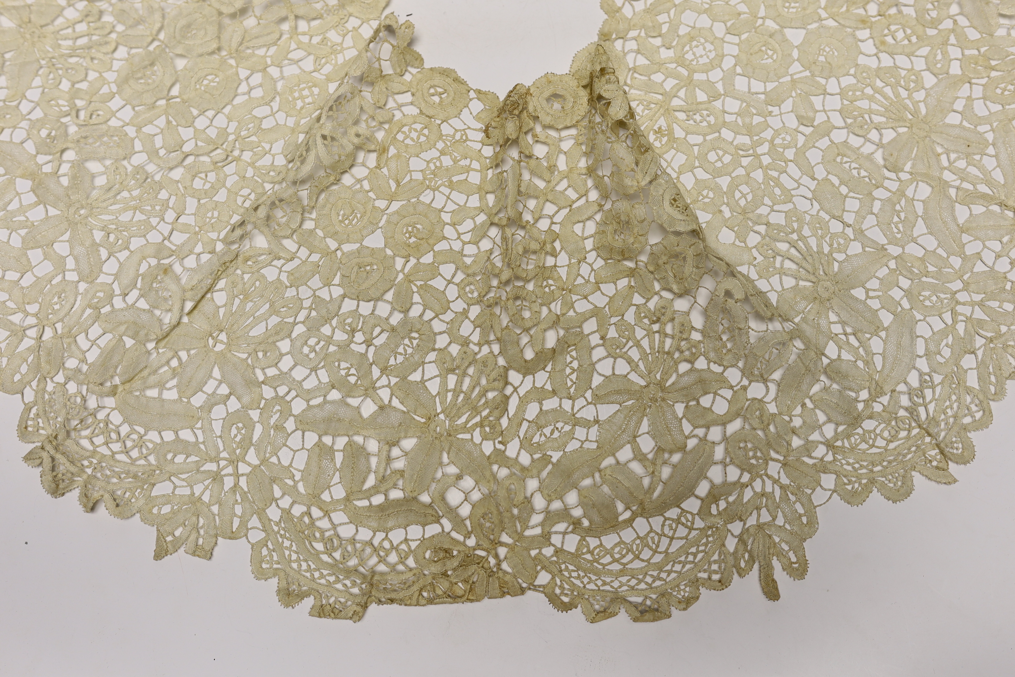 A long 19th century mixed Brussels lace collar, with 20 needle lace oval insertions, a similar wider Honiton bobbin lace collar and a machine lace bonnet veil
